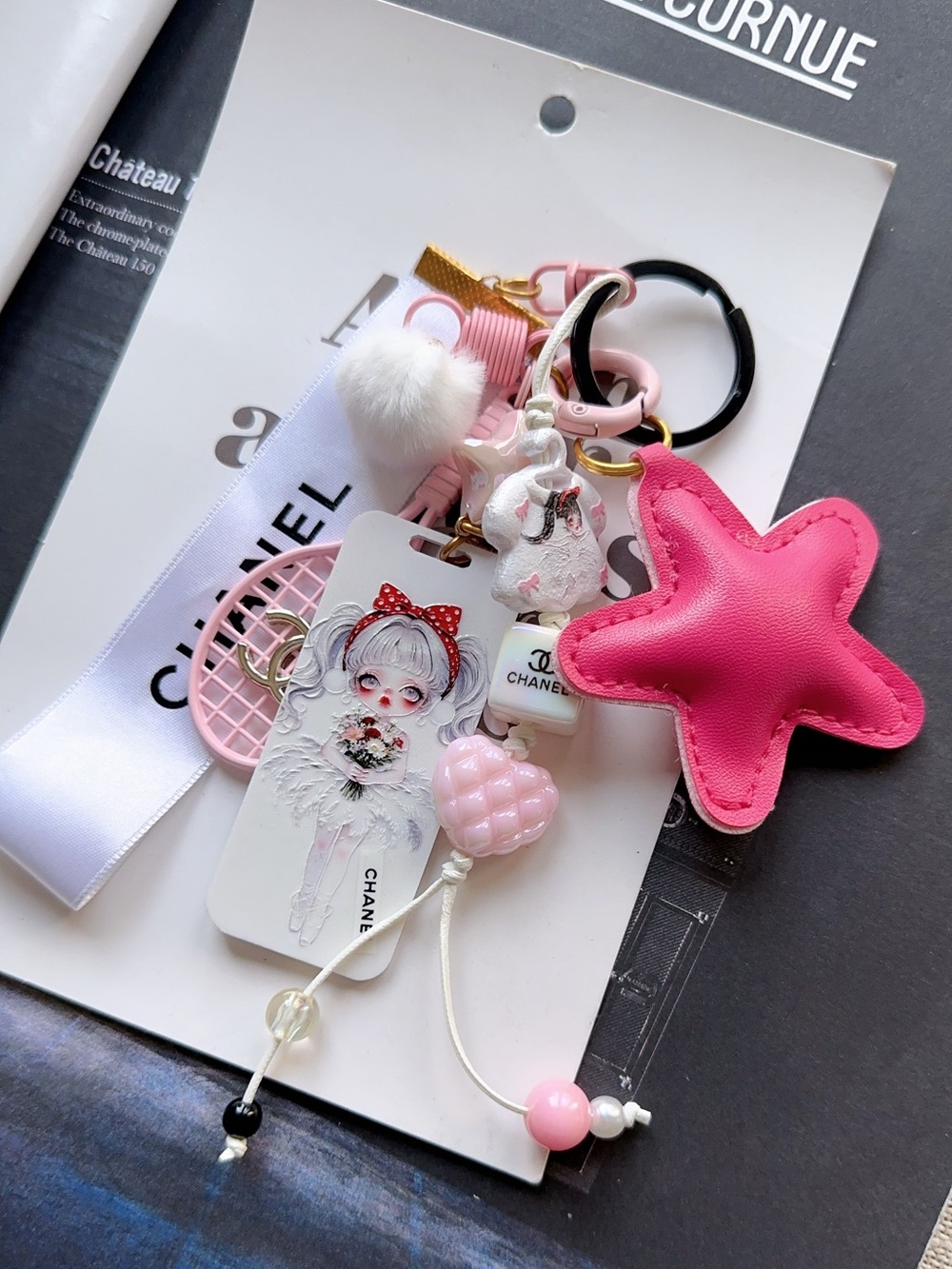 Authentic CC Ribbon with Pink Metal Tennis Racket & Star & Keychain Bag Charm